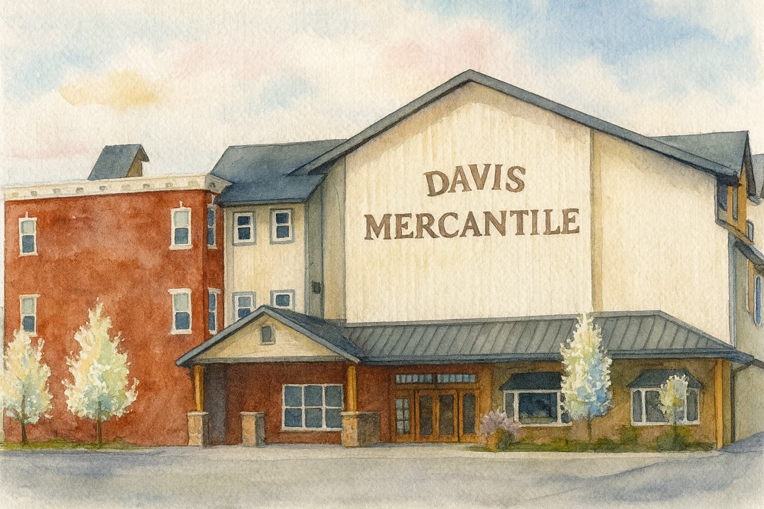 A watercolor painting of the Davis Mercantile building, its gabled roof and DAVIS MERCANTILE lettering above the covered entrance